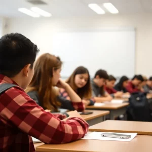 Classroom with students using Yondr phone pouches