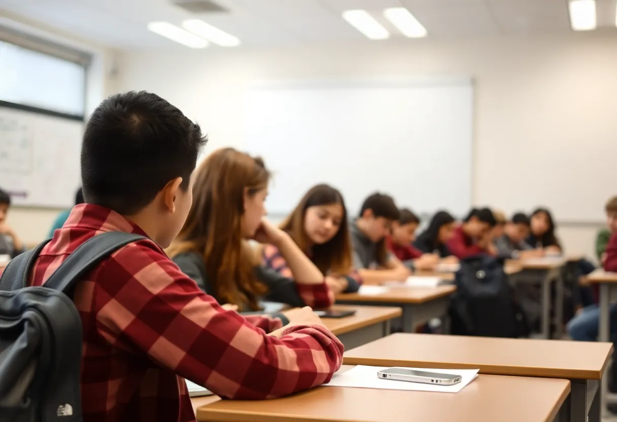 Classroom with students using Yondr phone pouches