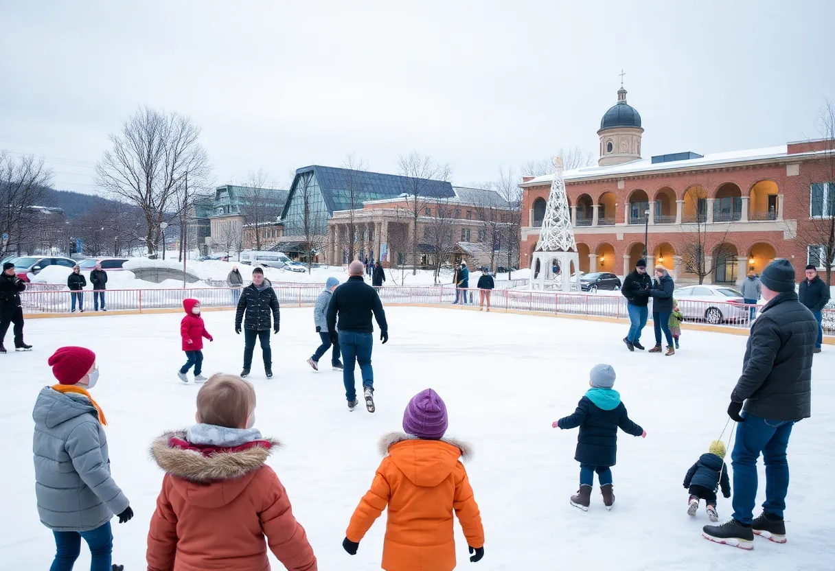 Families enjoying winter activities in Knoxville, including ice skating and museum visits.