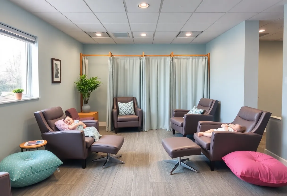 Lactation space equipped with recliners and nursing pillows.