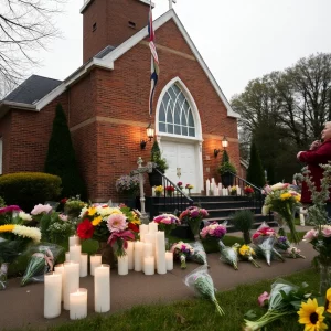 Memorial outside Minneapolis church with flowers and candles