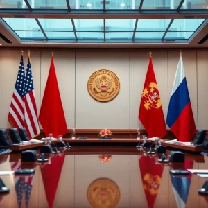 Diplomatic meeting room with U.S. and Russian flags showing nuclear arms control discussions