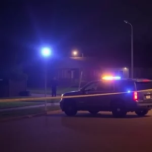 Police officers investigating a shooting scene at night