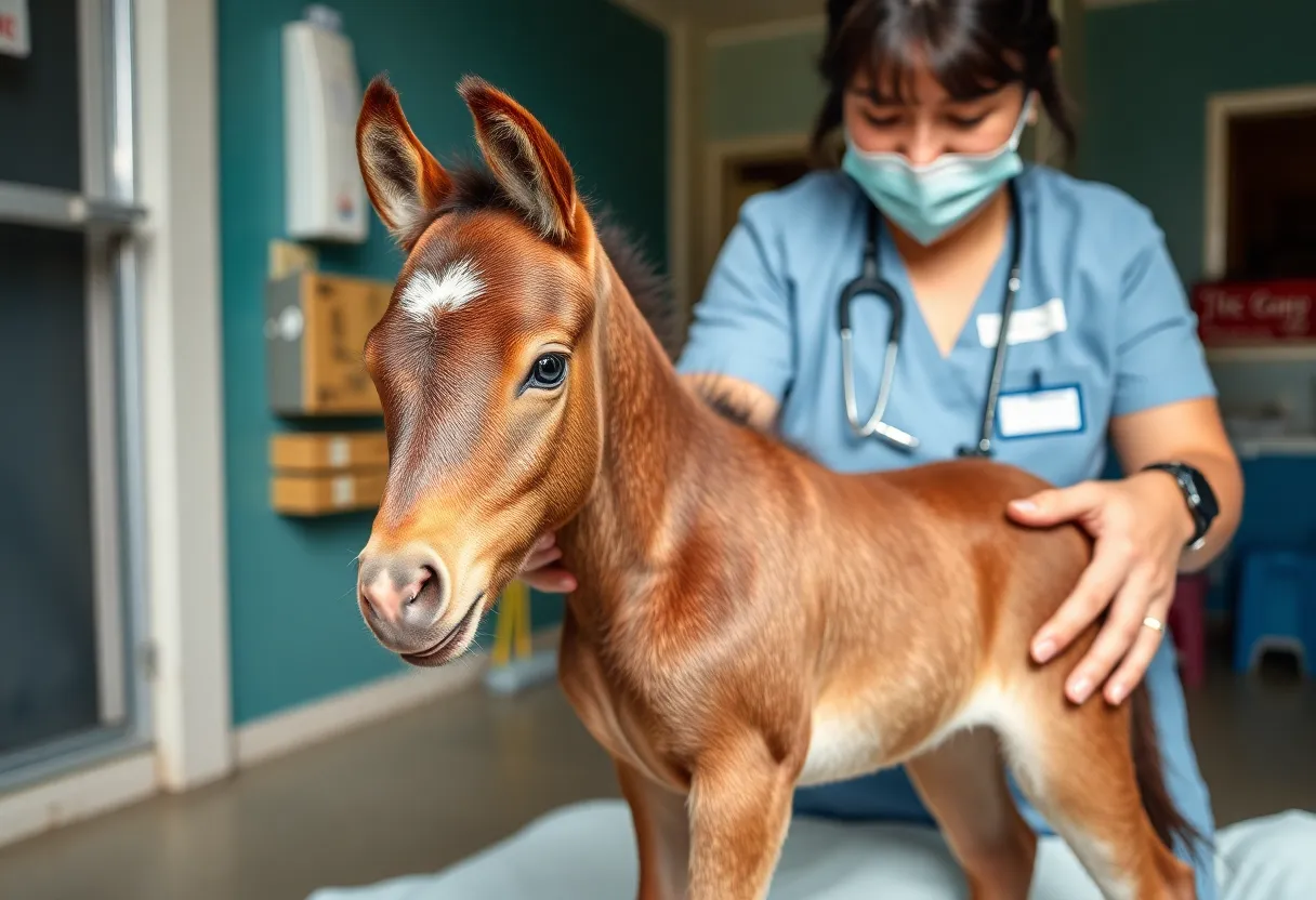 Premature foal receiving care at a veterinary clinic