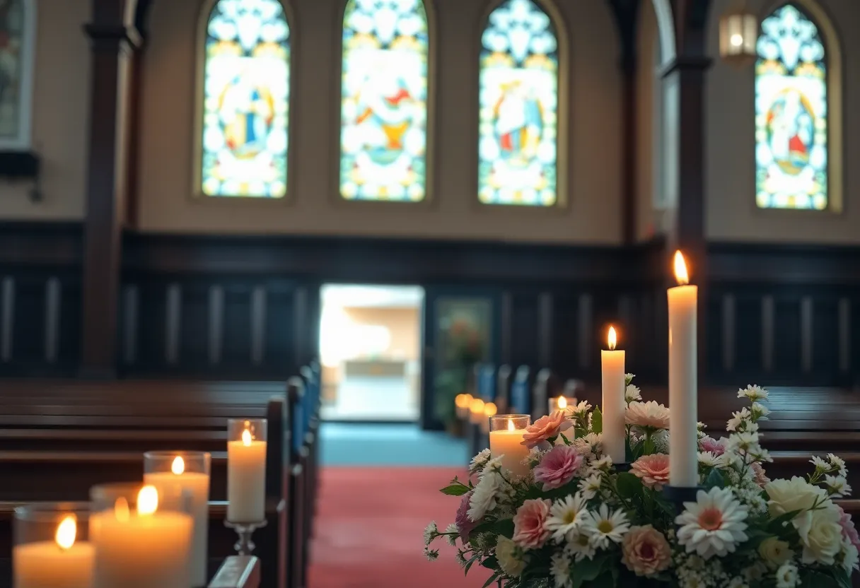 Interior of a chapel set for a memorial service with candles and flowers