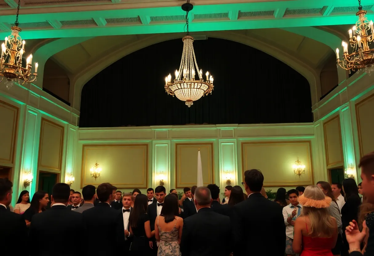 Elegant ballroom decorated for the Teen Board Presentation Dance with teenagers in formal wear.