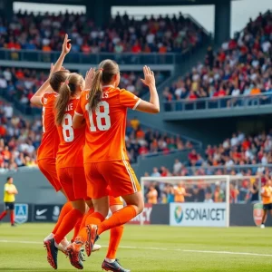 Tennessee women's soccer team celebrating after scoring a goal
