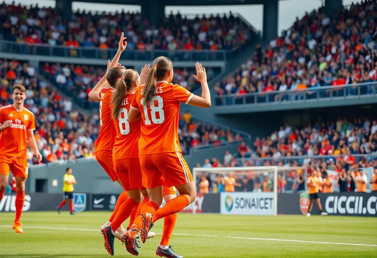 Tennessee women's soccer team celebrating after scoring a goal