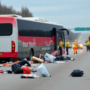 Scene of a tour bus crash with emergency responders and scattered belongings