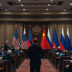 Geopolitical summit with US and Russian flags