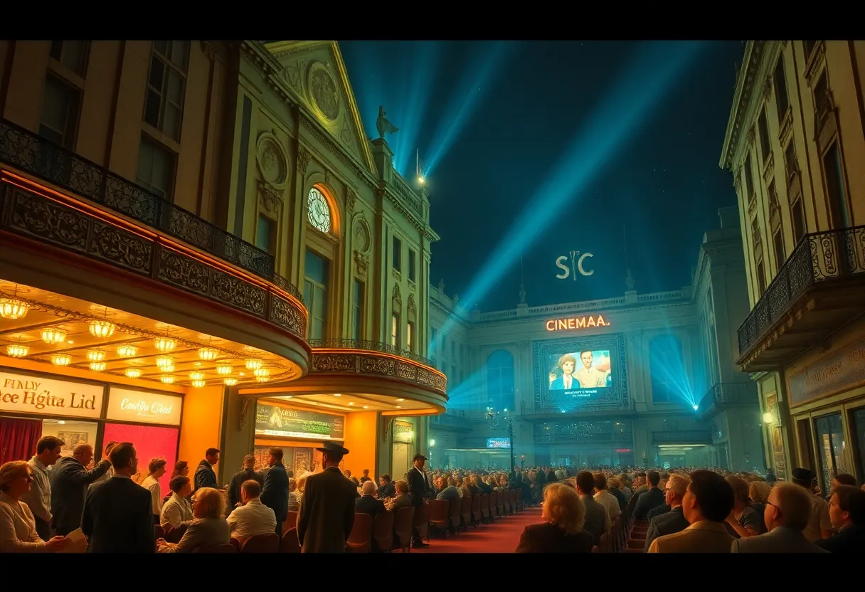 A vintage cinema scene depicting early 20th century Knoxville theaters with patrons watching movies.