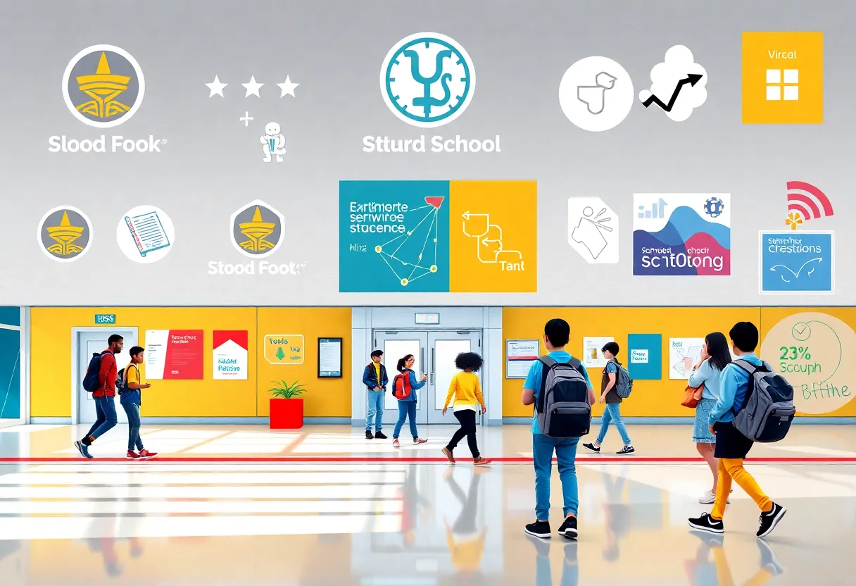 Render of updated West High School branding elements including logos and signage.