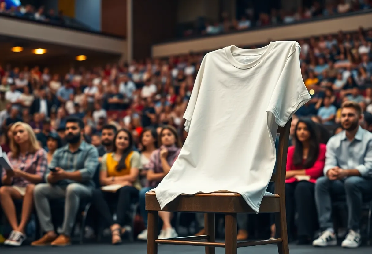 An empty chair with a tribute t-shirt at an event