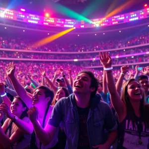 Crowd at Coldplay's concert in Wembley Stadium with colorful lights and wristbands