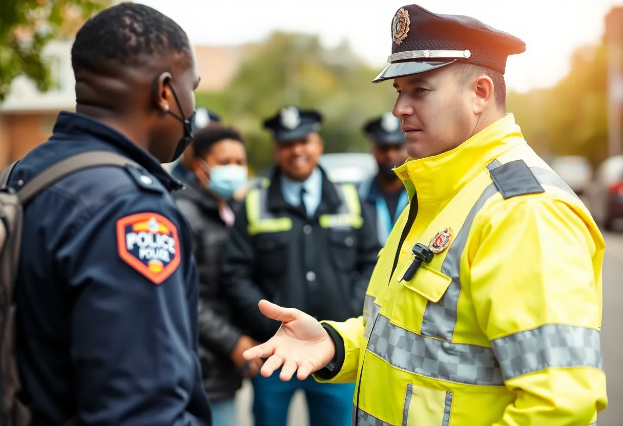 Police officer speaking with community members about crime prevention.