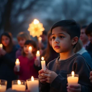 A candlelight vigil for a young boy, symbolizing community mourning.
