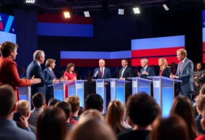 Diverse speakers on a debate stage with an engaged audience
