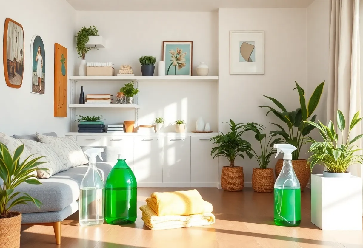 A clean living room with eco-friendly cleaning supplies
