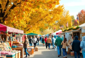 Families enjoying the Fall Frolic Craft Fair with crafts, food trucks, and decorations.