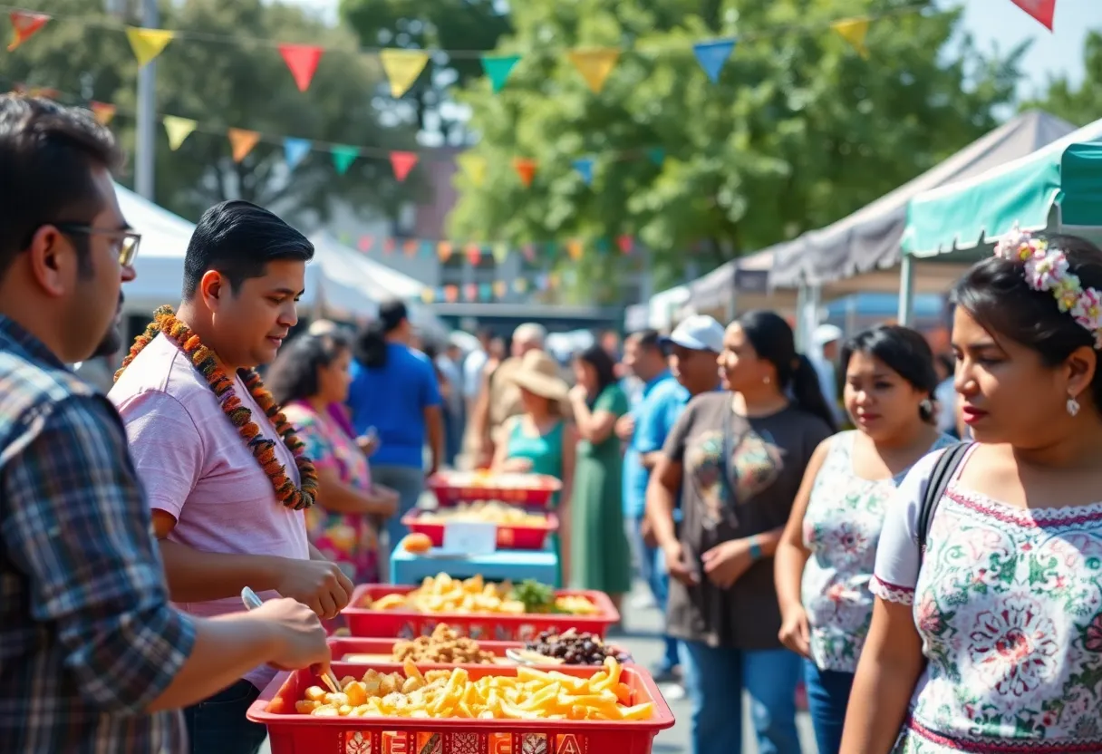 Celebration of Hispanic culture with food and music at an outdoor festival.