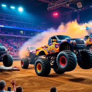 Monster trucks performing live in an arena