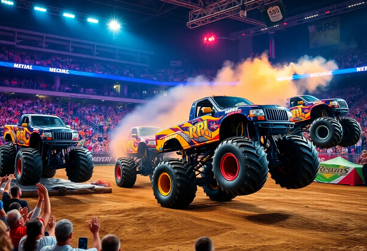 Monster trucks performing live in an arena