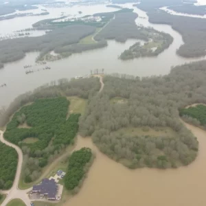 Aerial view of East Tennessee affected by Hurricane Helene with TVA flood management.
