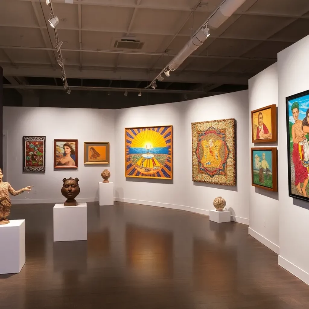 Art exhibition display showcasing diverse artworks related to labor and community themes.