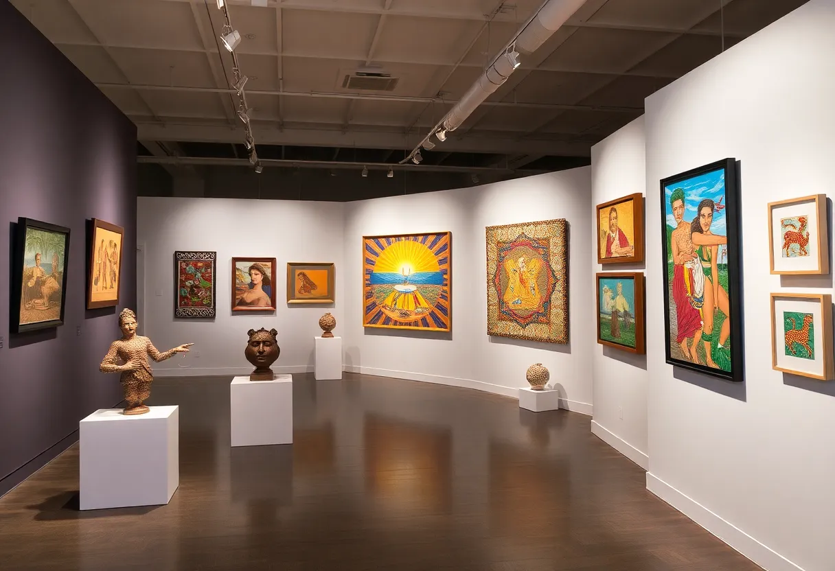 Art exhibition display showcasing diverse artworks related to labor and community themes.