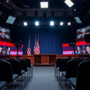 A late-night talk show studio demonstrating the effects of political commentary on media.
