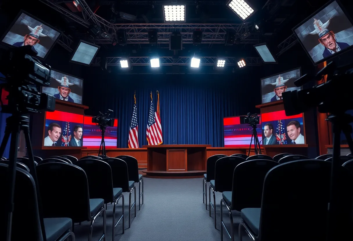 A late-night talk show studio demonstrating the effects of political commentary on media.