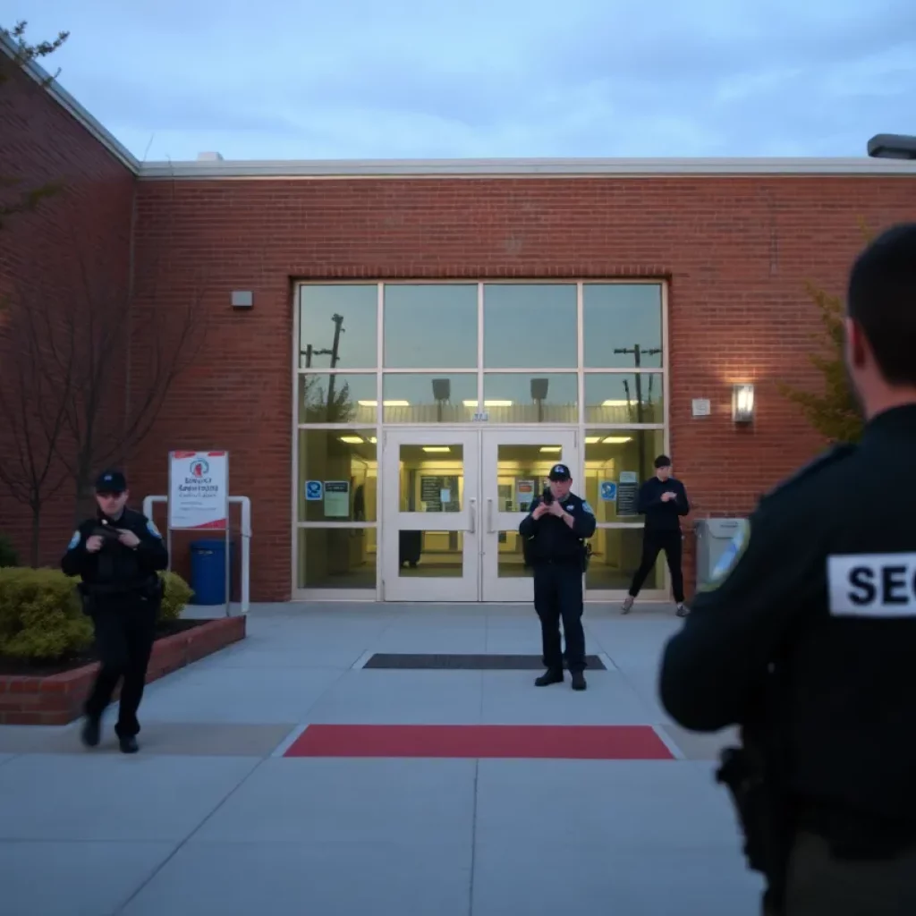 Exterior view of Knoxville Catholic High School with heightened security measures