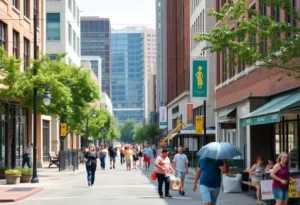A vibrant urban area in Knoxville indicating economic activity and community engagement.