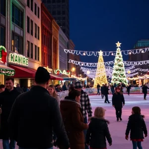 Colorful holiday decorations in downtown Knoxville with families enjoying various activities.