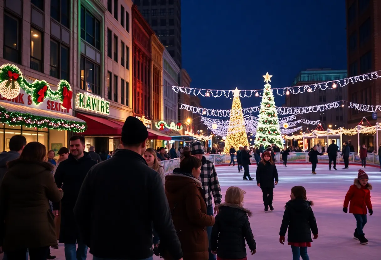 Colorful holiday decorations in downtown Knoxville with families enjoying various activities.