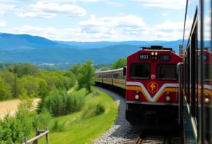 Illustration of a passenger train traveling through Knoxville landscapes.