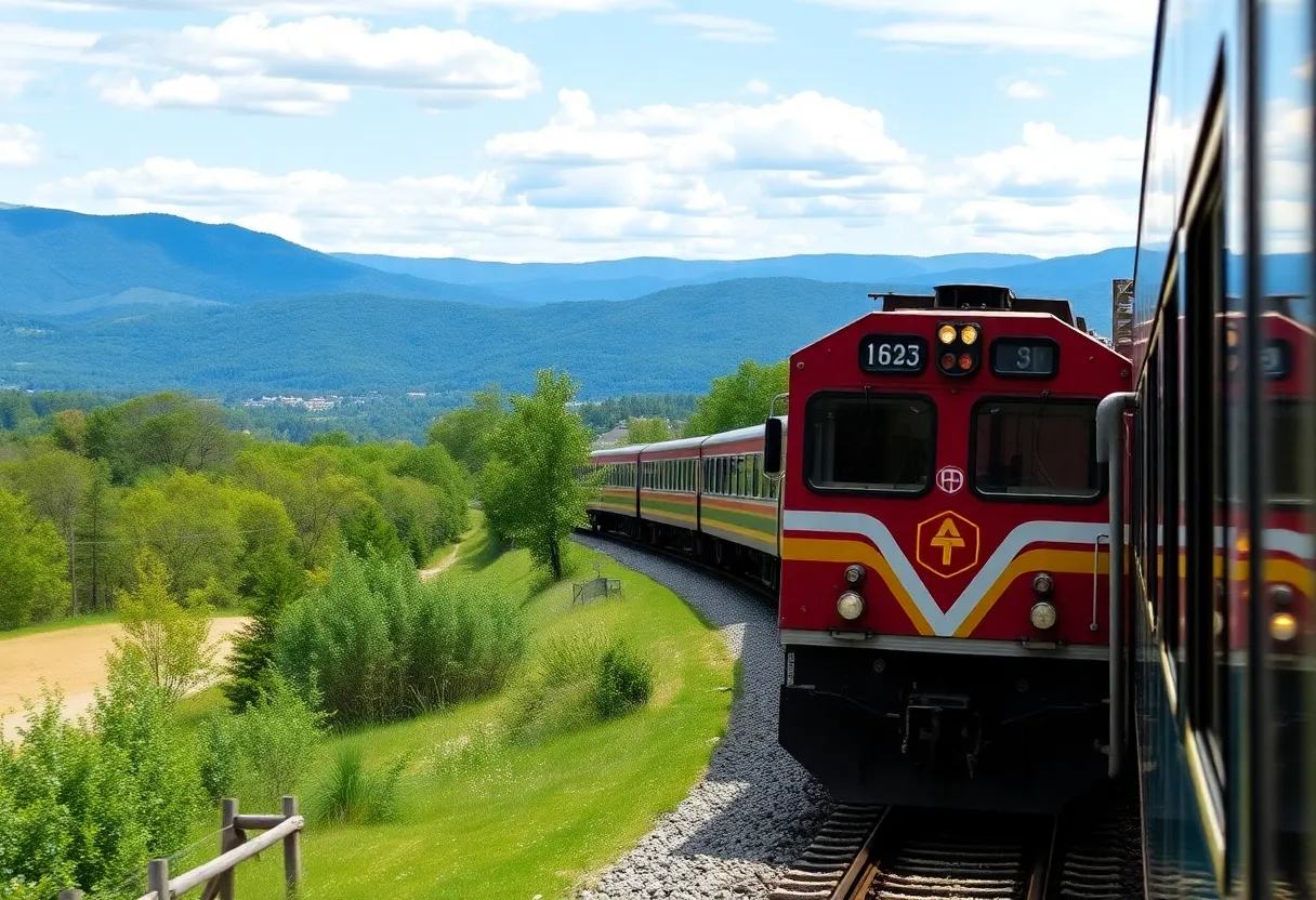 Illustration of a passenger train traveling through Knoxville landscapes.