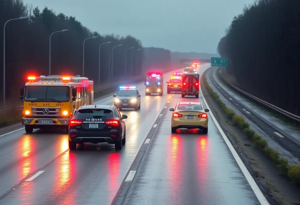 Emergency response vehicles at a traffic accident site on a rainy day in Knoxville