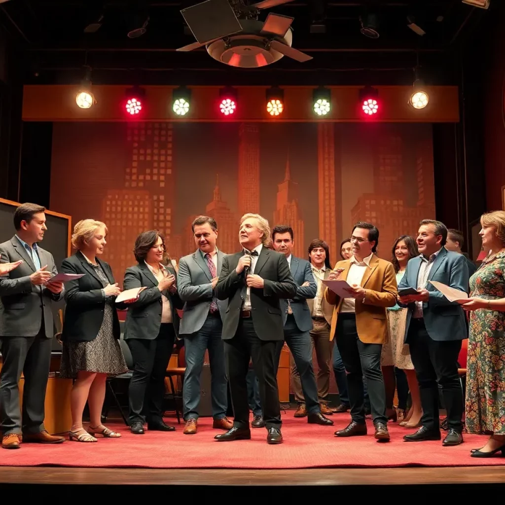Scene from the play Laughter on the 23rd Floor with actors portraying writers in a 1950s setting.