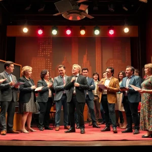 Scene from the play Laughter on the 23rd Floor with actors portraying writers in a 1950s setting.