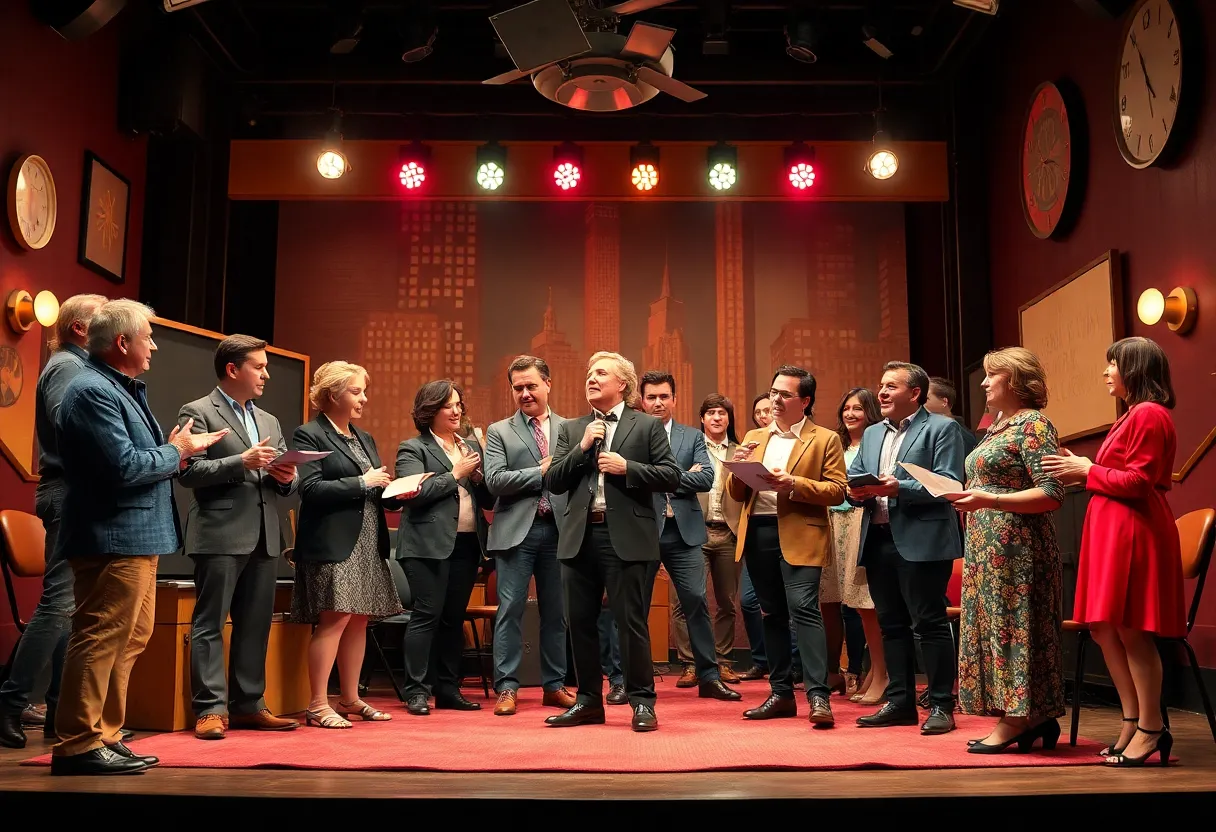 Scene from the play Laughter on the 23rd Floor with actors portraying writers in a 1950s setting.