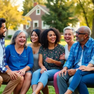 A scene from the sitcom 'Leanne' showcasing family and friends in a joyful setting.