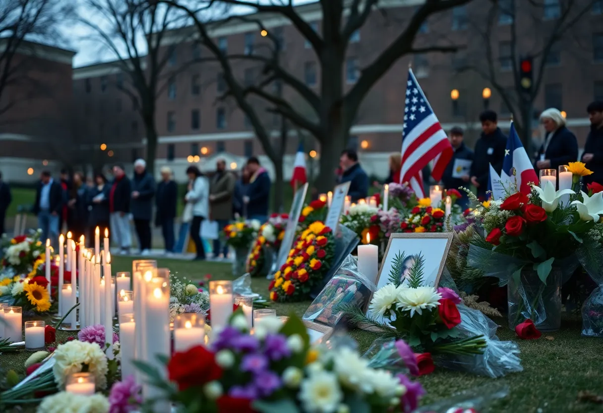 Memorial scene for a public figure with flowers and candles