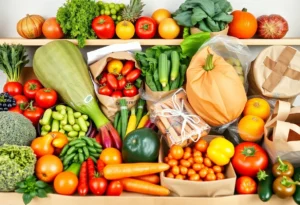 A collection of farm-fresh food items being prepared for online co-op delivery.