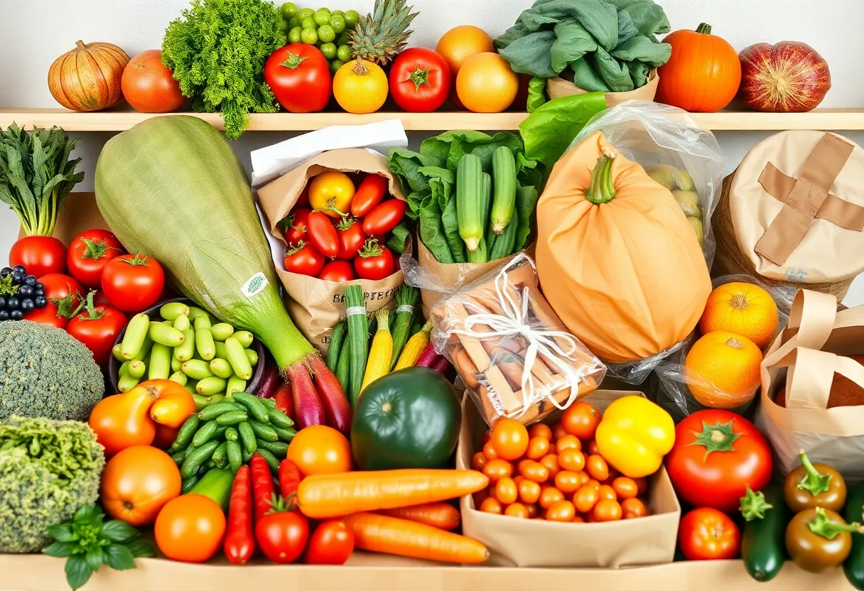 A collection of farm-fresh food items being prepared for online co-op delivery.