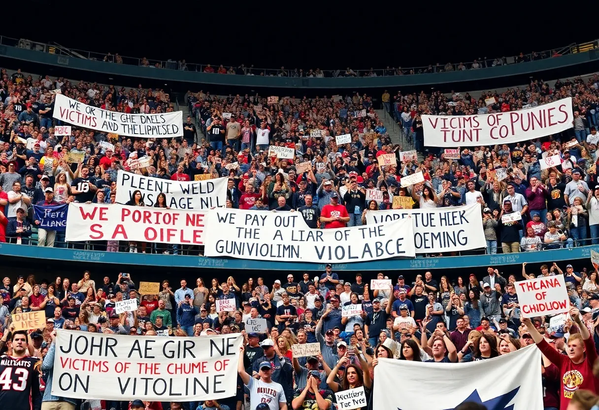 Fans in NFL stadium holding banners for victims of violence