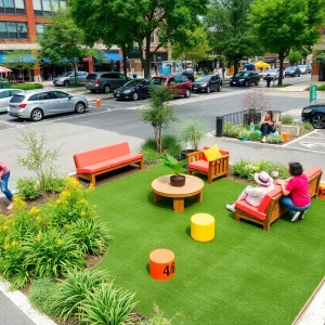 Community members enjoying transformed parking spaces during Park(ing) Day in Knoxville.