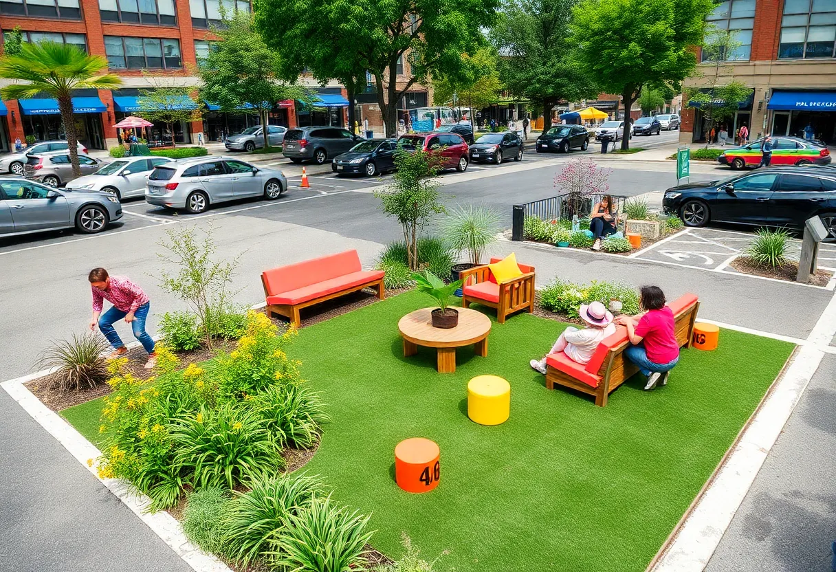 Community members enjoying transformed parking spaces during Park(ing) Day in Knoxville.