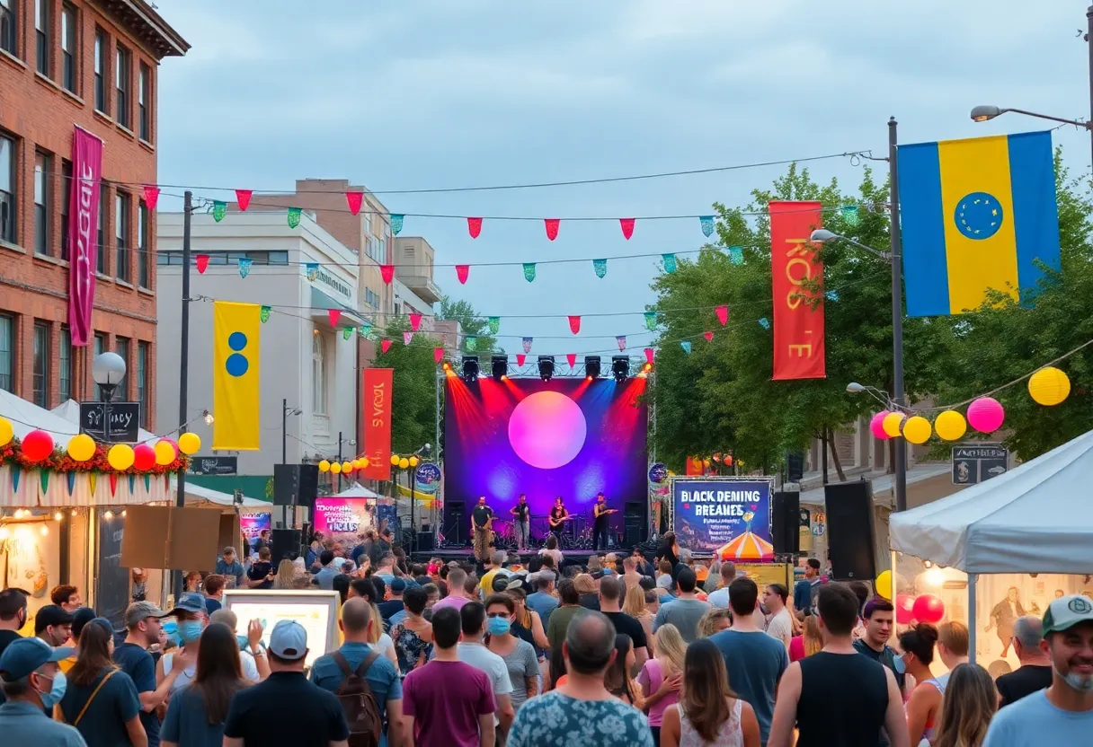Crowd enjoying the Pilot Light 25th anniversary block party with live music and art installations.