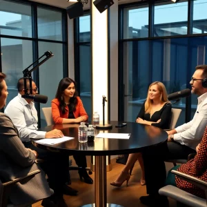 Diverse individuals engaged in a podcast recording about business.